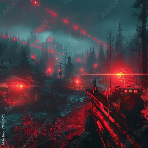 A dramatic scene in a postapocalyptic video game where players navigate a landscape marked with glowing neon radioactive zones photo