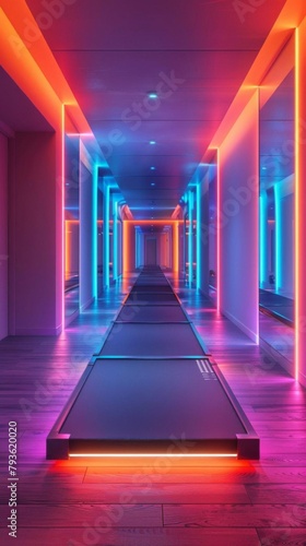 A fitness class where the room is equipped with neon lights that adjust their brightness and color based on the tempo of workout music