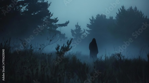 A ghostly figure seen through a misty forest at dusk, subtly blending into the natural surroundings, evoking the mysterious and ethereal qualities often associated with spirits photo