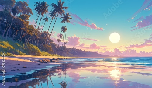 Stunning full moon sets over the tranquil Indian Ocean, 4k wallpaper, casting an ethereal glow over the palm trees and reflecting in the crystal clear waters of Kandy Beach. Moonlit Serenity photo