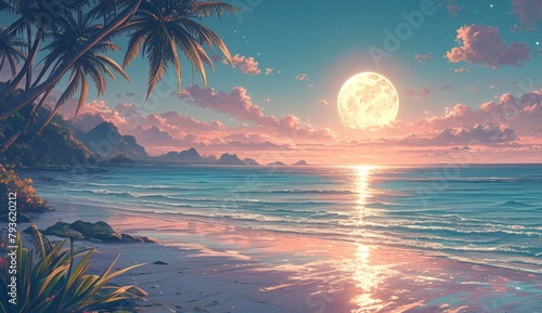 Stunning full moon sets over the tranquil Indian Ocean, 4k wallpaper, casting an ethereal glow over the palm trees and reflecting in the crystal clear waters of Kandy Beach. Moonlit Serenity