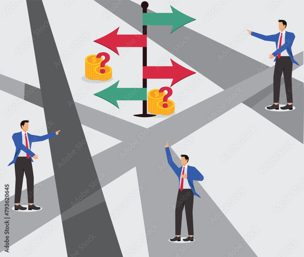 Fototapeta premium Business choices and decisions, decisions on job search or career development or business development goals and directions, finding the right business path and opportunities, a group of businessmen an