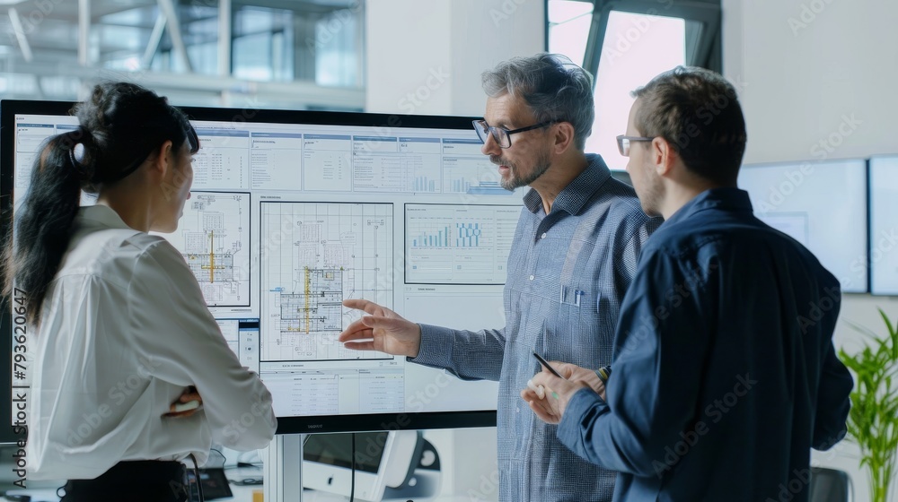 Obraz premium A team of diverse engineers discussing over a large monitor, collaborative and animated, with a clean white backdrop, styled as a modern tech teamwork.