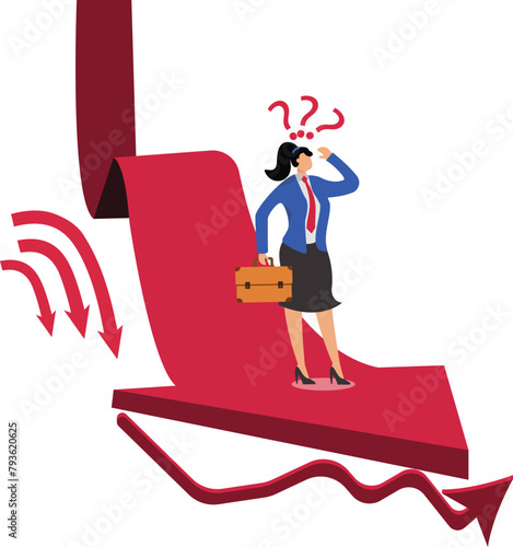 Countless falling arrows rushing towards desperate businesswomen, business management, risk control, economic recession, financial crisis or stock market crash
