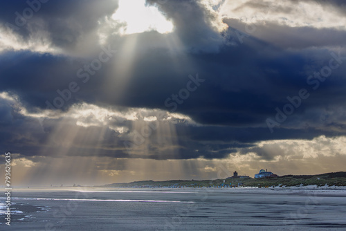 Beach on Juist, East Frisian Islands, Germany, in dramatic morning light.