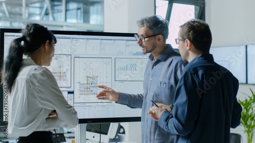 A team of diverse engineers discussing over a large monitor, collaborative and animated, with a clean white backdrop, styled as a modern tech teamwork.