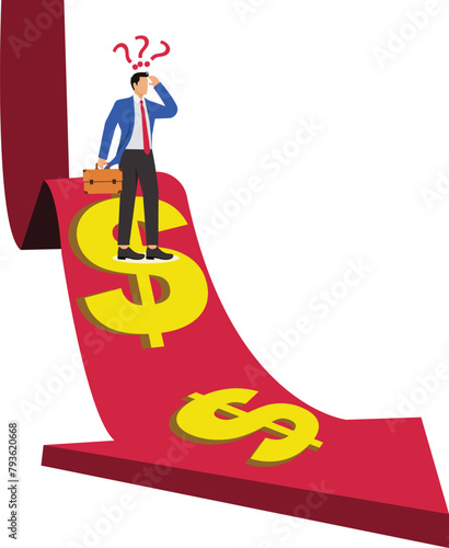 Falling or declining business, recession, financial crisis, inflation, declining business or investment losses, falling prices, frustrated businessmen standing on the edge of the falling arrow dollar 