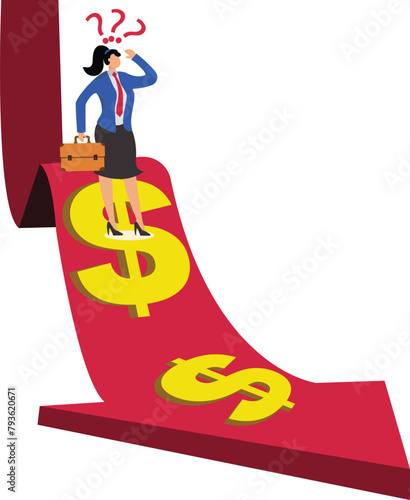 Falling or declining business, recession, financial crisis, inflation, declining business or investment losses, falling prices, frustrated businesswomen standing on the edge of the falling arrow dolla