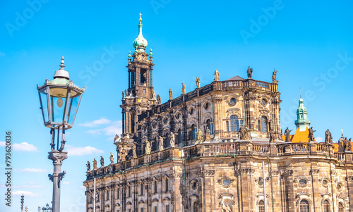 Dresden, Saxony, Germany. Panoramic cityscape over historical and touristic center in Dresden downtown, old Cathedral of Holy Trinity at theater square and old street light lamp