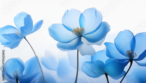 Transparent light blue flowers on white background, translucent alcohol ink colors and acrylic painting, with text space. For invitation card, wedding.