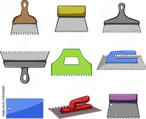 notched trowel set cartoon. adhesive mortar, installation masonry, spreader surface notched trowel sign. isolated symbol vector illustration