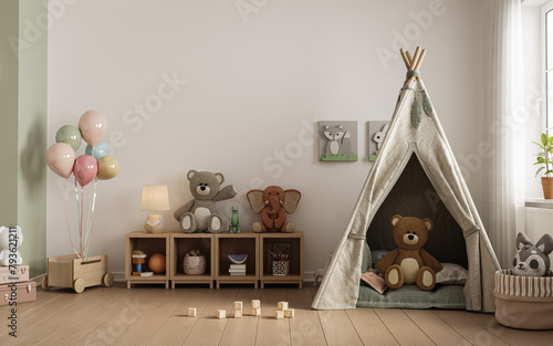 Interior of childroom in pastel colors in modern minimalist style. Copy space. Template, 3d rendering 
