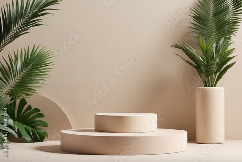 Natural stone step pedestal. Beige podium display with green leaves and palm leaves shadow © Dhiandra