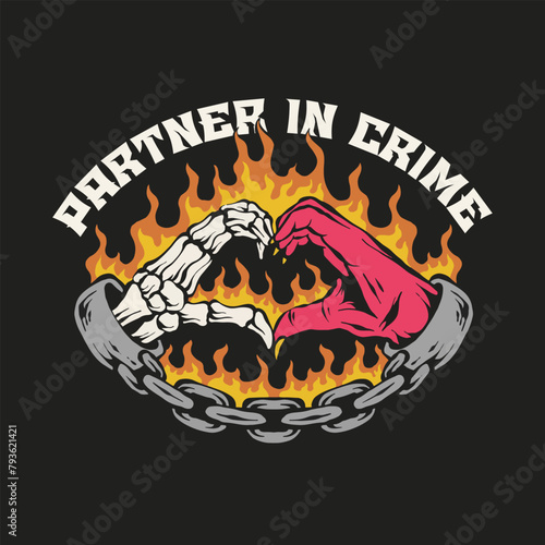 Skull and devil hand love pose graphics vector. Partner in crime graphics
