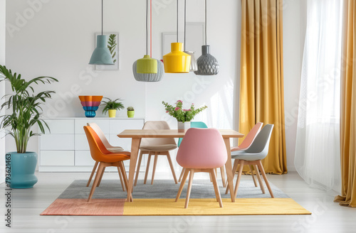 A bright and airy dining room with pastel colored chairs around an oak table, complemented in the style of yellow accents like pendant lights and decor items. The floor is covered in white ceramic til