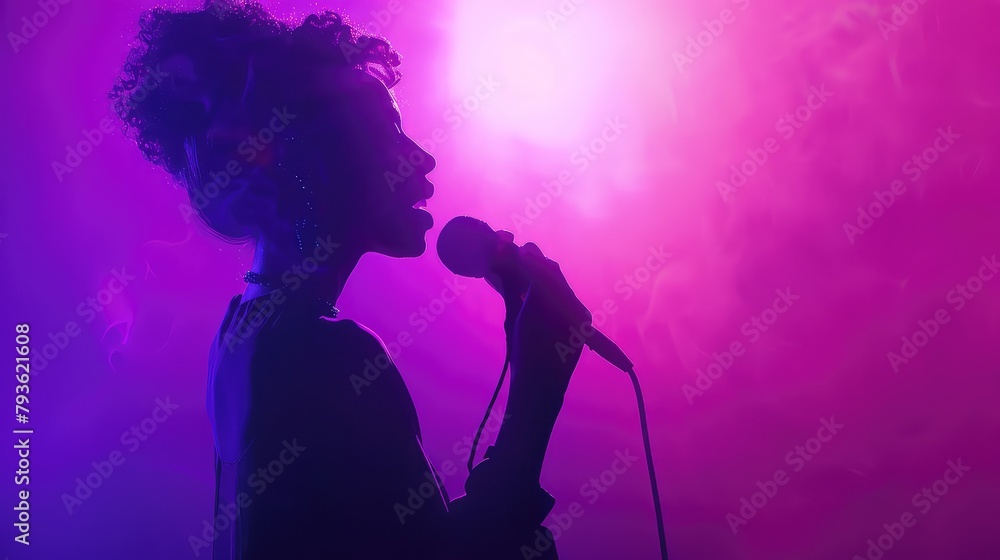 A dramatic shot of the singer against a gradient of purple neon lights. A dramatic shot of the singer against a gradient of purple neon lights.