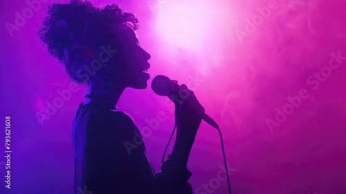 A dramatic shot of the singer against a gradient of purple neon lights.