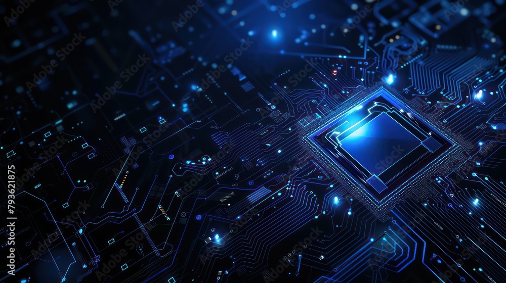 futuristic microchip CPU circuit board with blue light technology futuristic microchip CPU circuit board with blue light technology