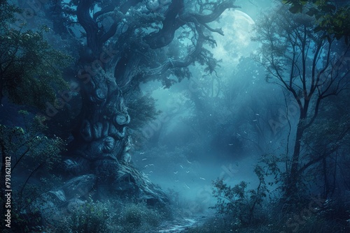 A captivating digital artwork of an enchanted forest bathed in moonlight, with magical glows and sparkling light among ancient trees. Resplendent.