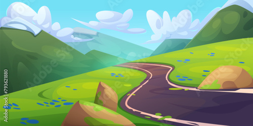 Summer day mountains landscape with winding road, green grass and rocks. Cartoon vector illustration of spring sunny scenery with empty asphalt serpentine highway, hills and blue sky with clouds