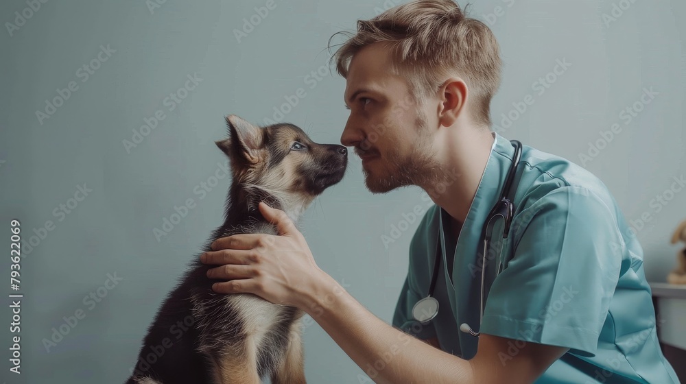 A veterinarian in scrubs, caring for a puppy, compassionate and attentive, on a soft grey background, styled as a veterinary service promo. A veterinarian in scrubs, caring for a puppy, compassionate and attentive, on a soft grey background, styled as a veterinary service promo.