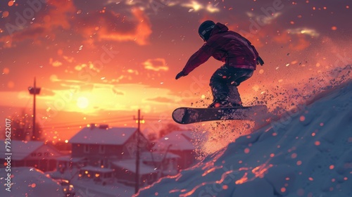 A snowboarder jumps over a snowy mountain at sunset.