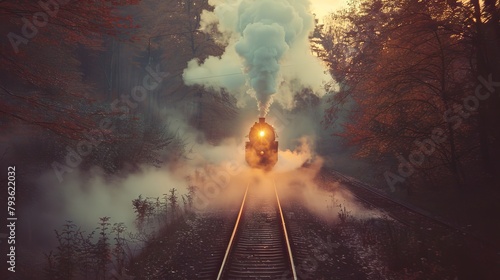A vintage steam train is running through a foggy forest.
