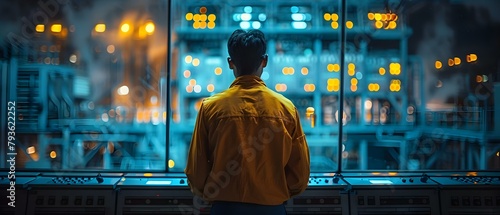 Engineer working at blue central control panel in power plant viewed from behind. Concept Engineering, Control Panel, Power Plant, Behind View, Industrial Tech photo