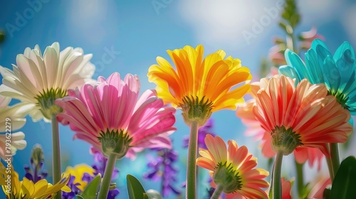 A close-up of rainbow-colored flowers blooming against a blue sky  representing beauty in diversity. 