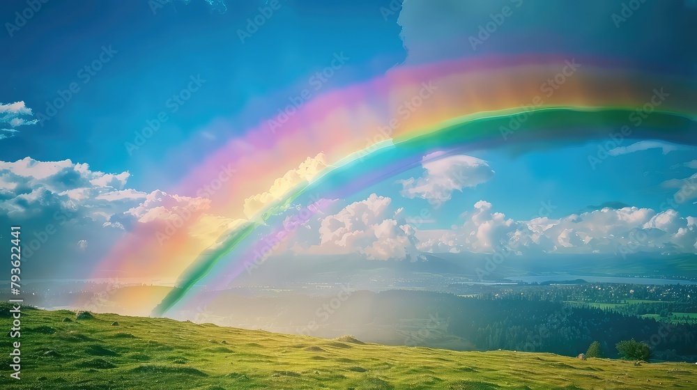An outdoor scene of a rainbow stretching over a serene landscape, representing unity and pride. An outdoor scene of a rainbow stretching over a serene landscape, representing unity and pride.