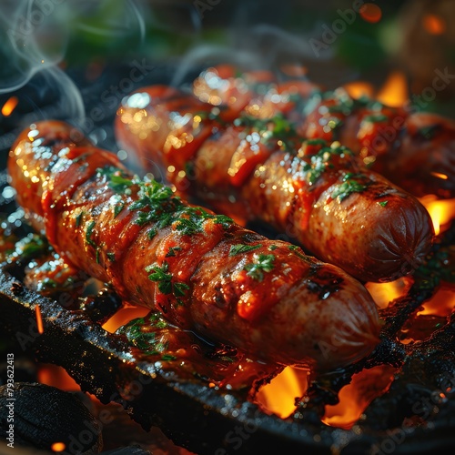 juicy thick sausages with spices on grill grate, tclose up, side view, light smoke, coals and some fire, photorealism, high detail photo