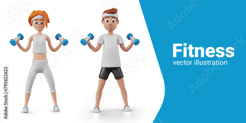 Male and female character holding dumbbells. People perform physical exercises