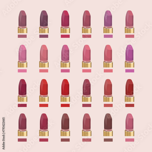 Fashion lipstick set. Makeup Artist. Beauty and fashion. Colorful lipstick isolated on pink background. Makeup cosmetic. Lip coloring. Girl things. Colors for Choose the Right Lipstick. Vector artwork
