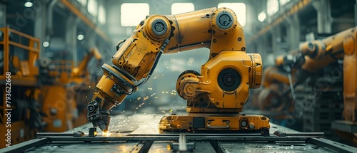 Robotic arm in manufacturing plant uses HUD data to operate welding lathe. Concept Robotics, Manufacturing, Welding, HUD Technology, Industrial Automation