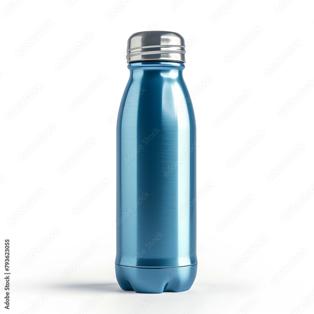 Blue reusable stainless thermo water bottle on white background Blue reusable stainless thermo water bottle on white background