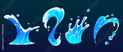 Cartoon water splash and surf wave. Cute comic sea or ocean liquid swirl effect with spray and drops. Blue stream flow for animation or game ui design. Tidal flood falling with foam and ripple.