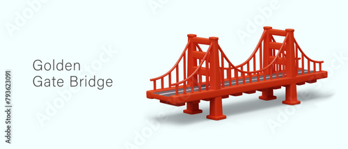 Realistic Golden Gate Bridge. Bright red illustration with shadow. Tourist attraction of America