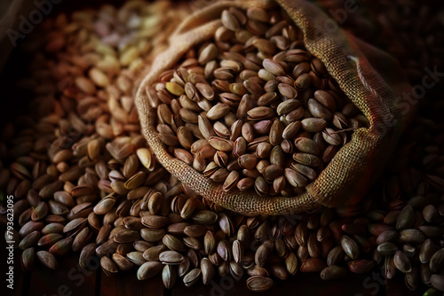 Roasted salted pistachios. Dried pistachios in small sack on  table.