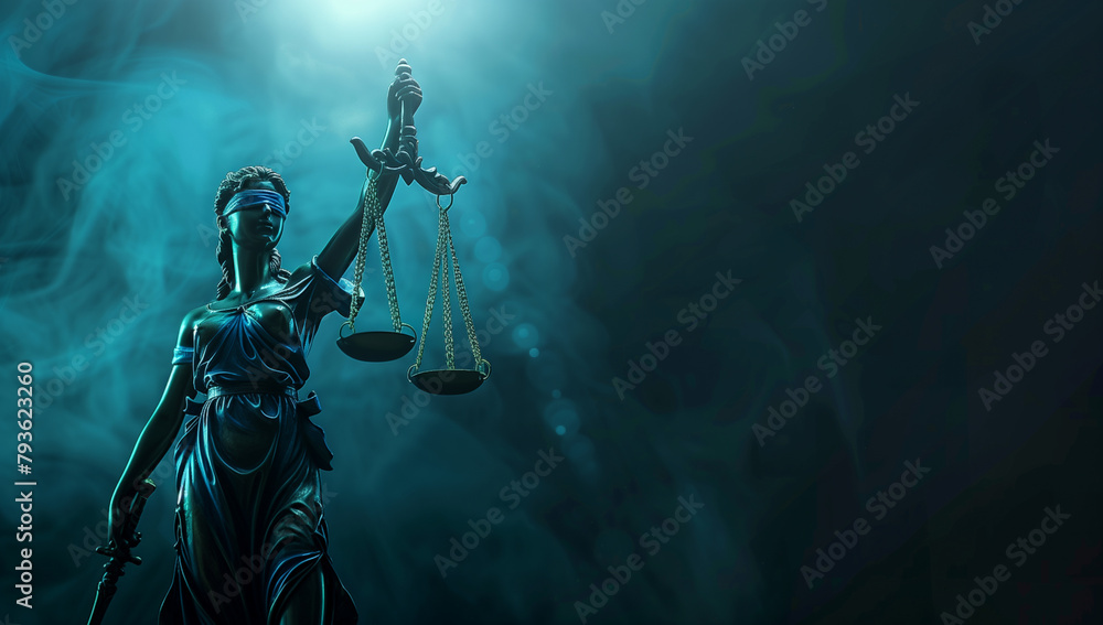 Fototapeta premium Stately Lady Justice Sculpture Embraced by a Cerulean Abyss