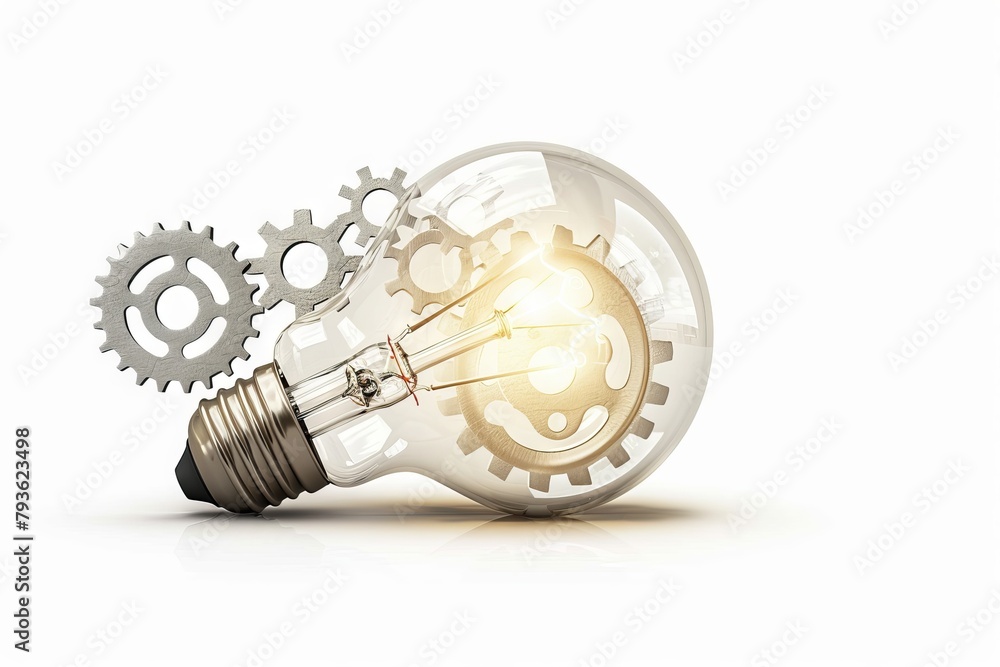 Bright idea concept with a light bulb and gears on a transparent white ...
