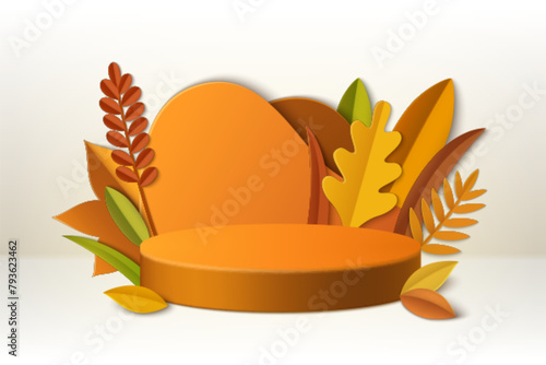 3d autumn sale podium for product with leaves. Thanksgiving fall platform to display discount offer in November or September. Orange leaf stage for showcase studio mockup. Modern papercut pedestal