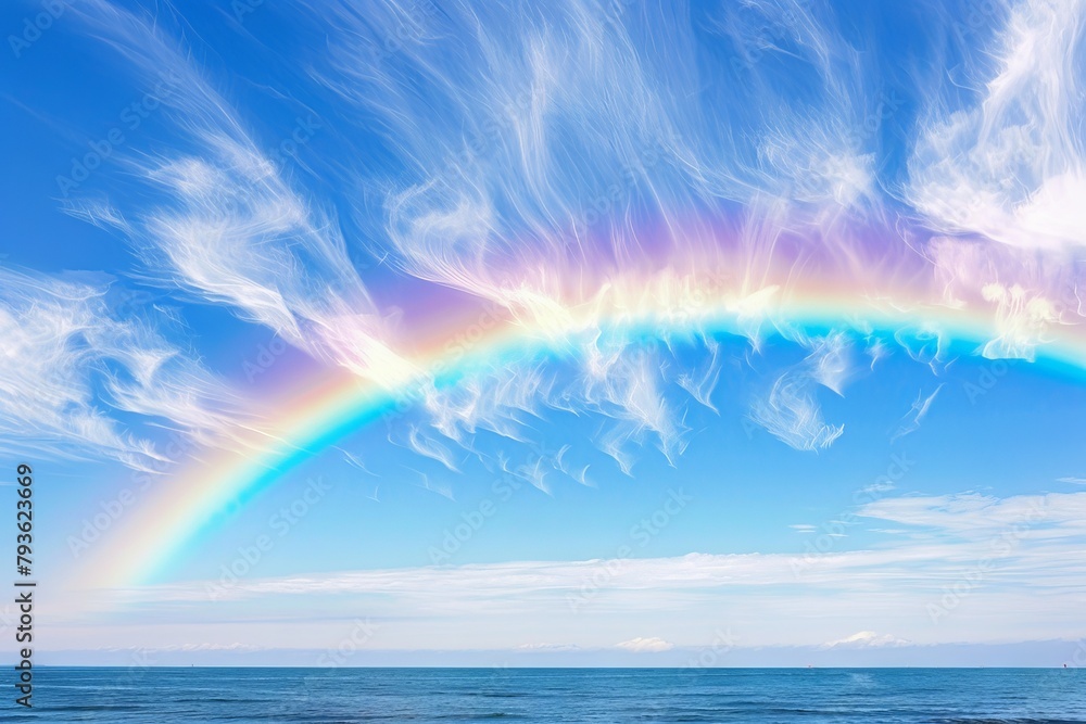 Bright rainbow arching over a serene seascape with wispy cirrus clouds on a soft transparent white backdrop, evoking a sense of hope