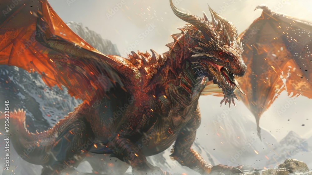 A dragon is depicted in a fiery scene, with its wings spread wide and its mouth open A dragon is depicted in a fiery scene, with its wings spread wide and its mouth open