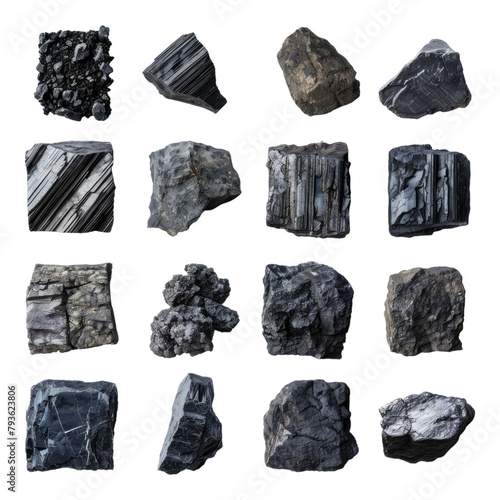 Collection of different type of coal isolated on transparent background