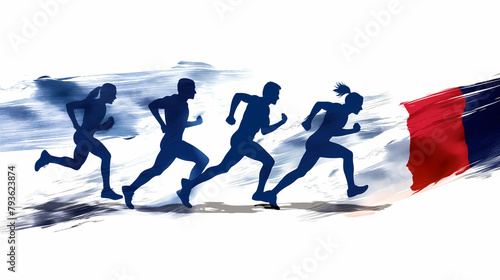 group of people running in blue paint illustration on white background with France flag color, Paris Olympic games 2024 