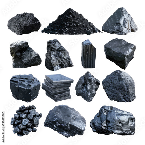 Collection of different type of coal isolated on transparent background photo