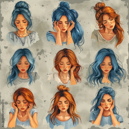 A modern illustration set of various unhappy women. The illustrations are hand drawn in a style that looks like graffiti. © DZMITRY