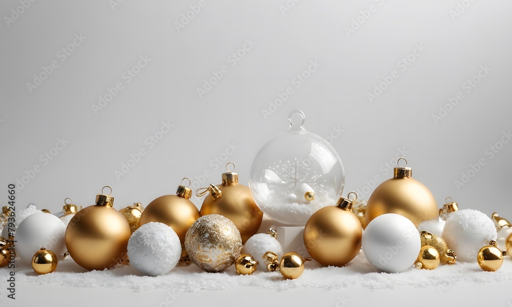 3d render. Winter holiday wallpaper. Festive white and gold Christmas ornaments and bauble 3d render. Winter holiday wallpaper. Festive white and gold Christmas ornaments and bauble