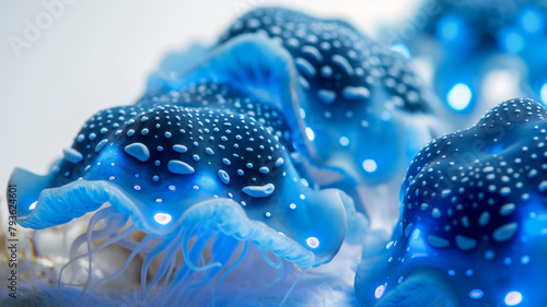 Blue jellyfish with bioluminescent spots, underwater sea life in close-up.