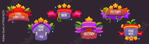Win and level up badges for mobile game ui design. Cartoon vector illustration of medieval stone and wood labels with victory sign, ribbon and star rating. Cute popup borders for winner congratulation